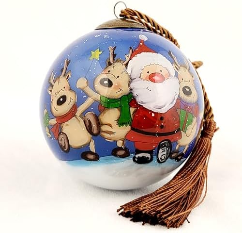 Santa Reindeer Inside-Painted Glass Ornament