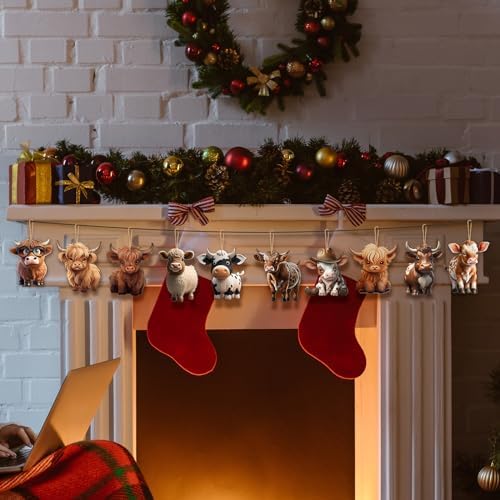 Wenqik 36 Pcs Wooden Highland Cow Christmas Decorations