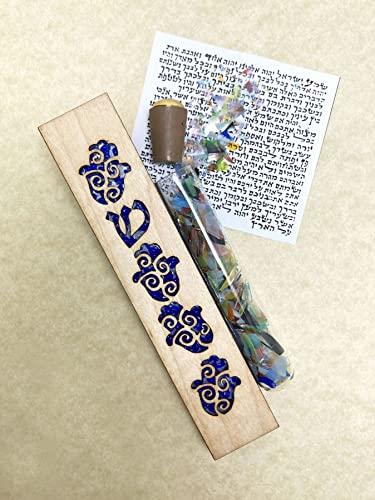 Handmade Hamsa Maple Wood Blue Fused Glass Wedding Mezuzah