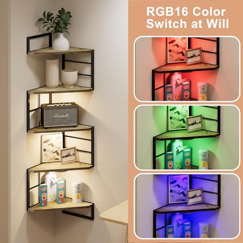 Floating Corner Shelves with Light - 5 Tiers Metal Wall Mount