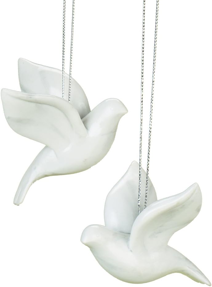 Peaceful White Flying Dove Resin Hanging Ornament Set of 2