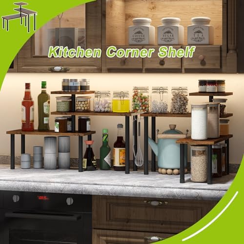 BMOSU Kitchen Corner Shelf with Hooks and Adjustable Spice Rack