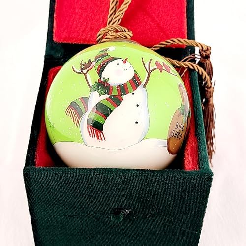 Intricate Inside-Painted Snowman Feeding Birds Glass Ornament