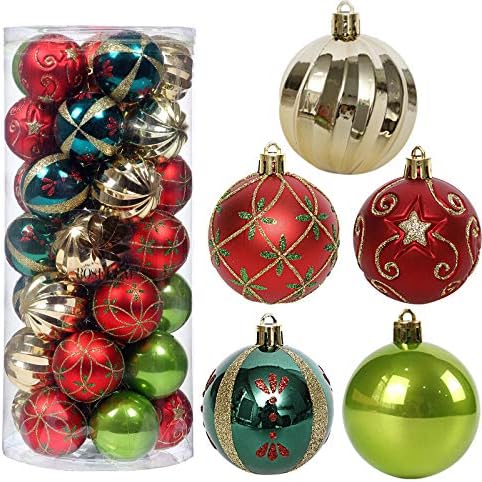 ROSELEAF 30ct Shatterproof Christmas Tree Ornaments Set - Red Green Gold Plastic Hanging Balls