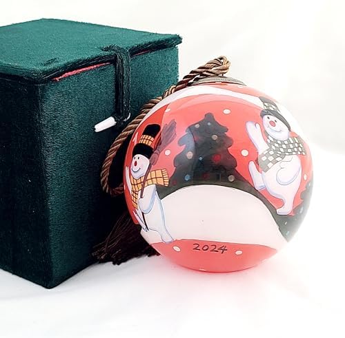 Handmade Red Snowman Glass Ornament with Gift Box