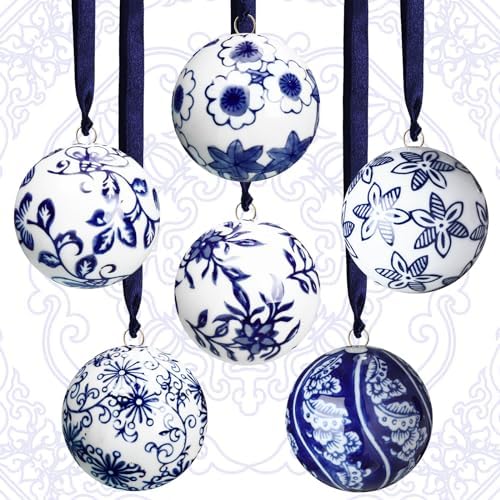 Cindeer 6 Pcs Blue and White Porcelain Christmas Balls