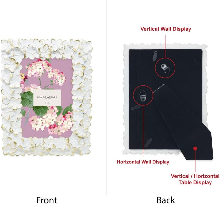 Laura Ashley 4x6 White Gold Flower Resin Picture Frame with Easel and Hook