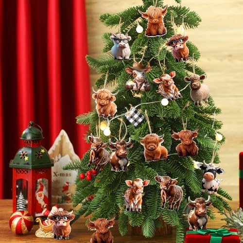 Wenqik 36 Pcs Wooden Highland Cow Christmas Decorations