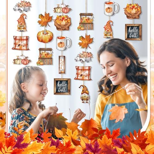 Quzzil 36 Pcs Fall Wooden Hanging Ornaments Set