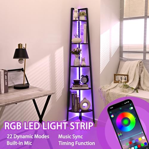 Waipfaru 5-Tier Corner Bookshelf with LED Light