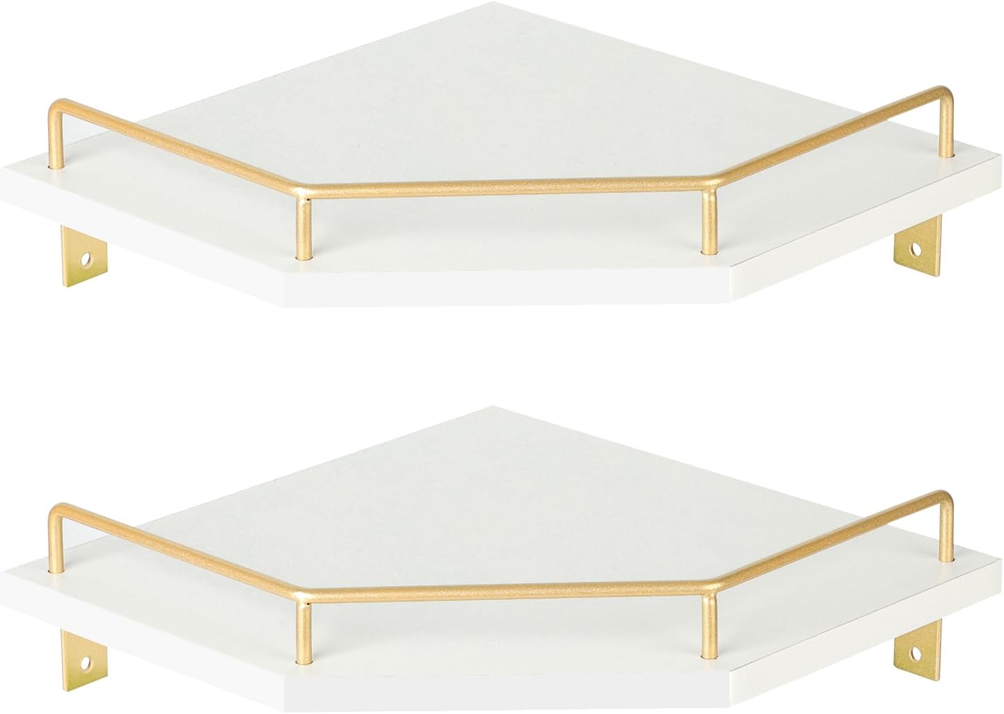 Tirzah White Wall Mount Corner Shelf with Gold Metal Guardrail
