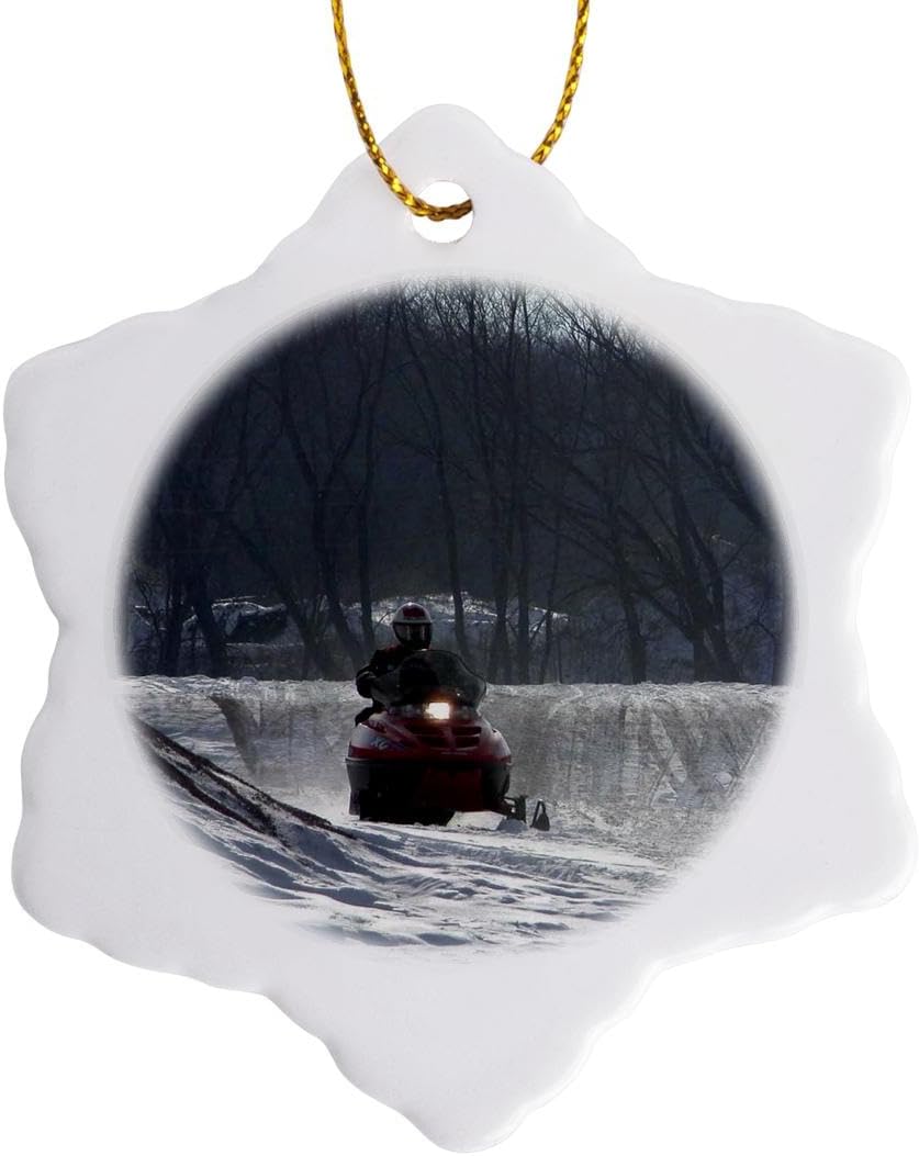 3dRose Snow Mobile Rider Porcelain Snowflake Ornament 3-Inch