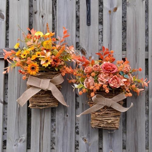 Wooden Wreath Hanger with Silk Flowers for Front Door