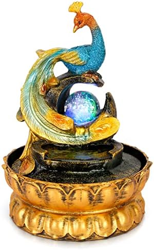 Indoor Fountain with Illuminated Rolling Ball and Peacock Design