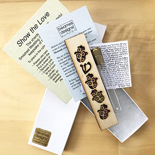 Handmade Hamsa Maple Wood Blue Fused Glass Wedding Mezuzah