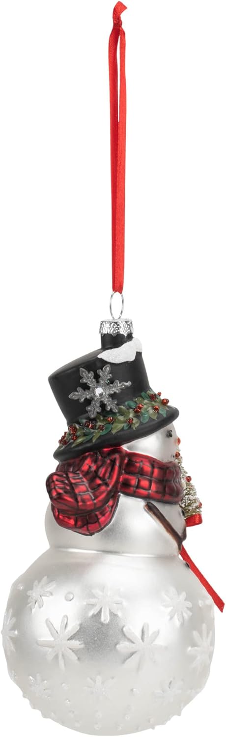 Classic White Snowman with Red Scarf Blown Glass Ornament