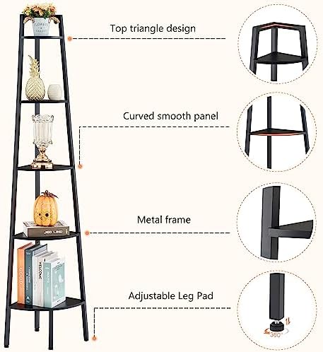Hoctieon 5-Tier Corner Bookshelf Black Metal Frame