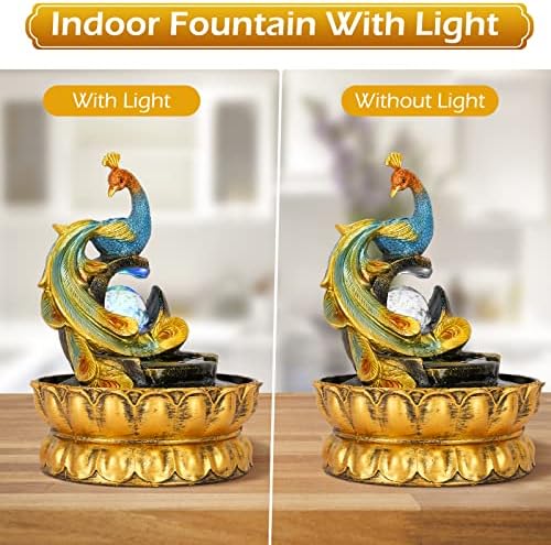 Indoor Fountain with Illuminated Rolling Ball and Peacock Design