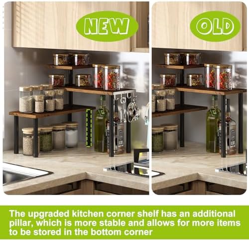 BMOSU Kitchen Corner Shelf with Hooks and Adjustable Spice Rack