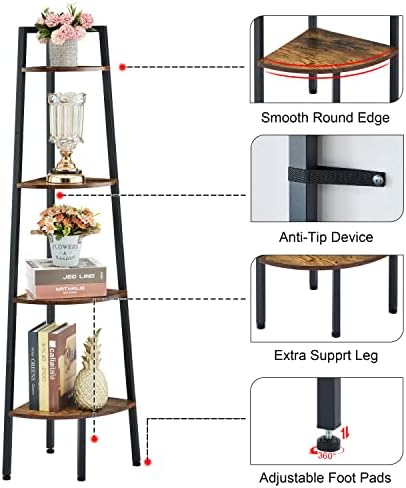 Hoctieon 4-Tier Corner Bookshelf with Rustic Brown Finish