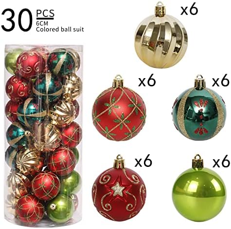 ROSELEAF 30ct Shatterproof Christmas Tree Ornaments Set - Red Green Gold Plastic Hanging Balls