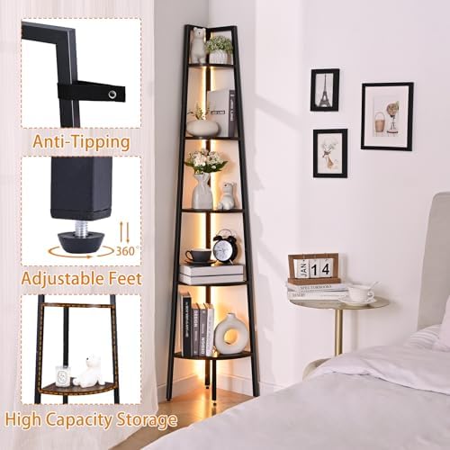 Waipfaru 5-Tier Corner Bookshelf with LED Light