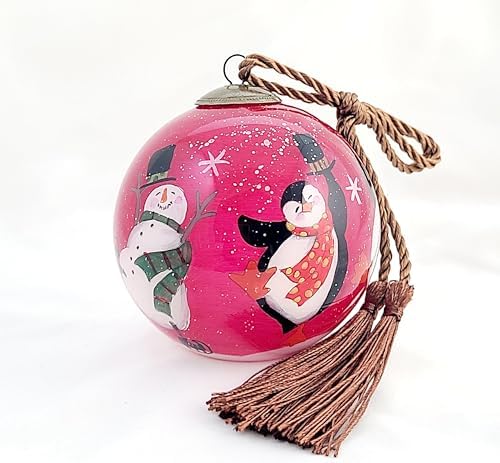 Artisan Painted Glass Ornament - Snowman Penguin Dance