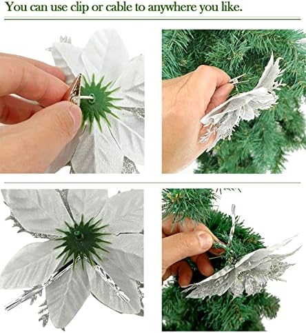 Pack of 12 Silver 5 Inch Glitter Flower Christmas Hanging Ornaments