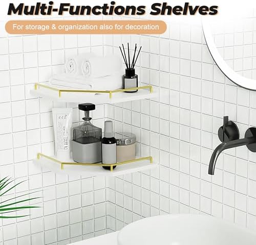 Tirzah White Wall Mount Corner Shelf with Gold Metal Guardrail