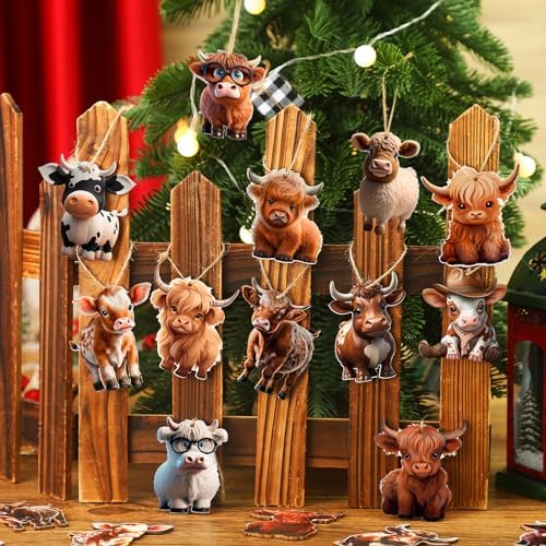 Wenqik 36 Pcs Wooden Highland Cow Christmas Decorations