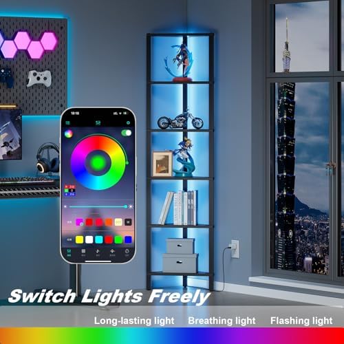 TUTOTAK Corner Shelf with LED Light 6-Tier Black BS05BK006L