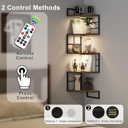 Floating Corner Shelves with Light - 5 Tiers Metal Wall Mount