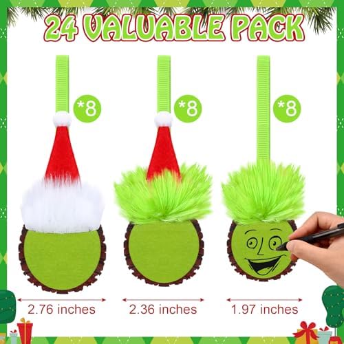 Shellwei 24 Pack Christmas Green Monster Ornaments
