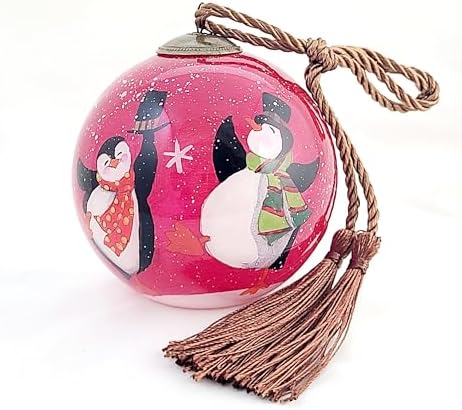 Artisan Painted Glass Ornament - Snowman Penguin Dance