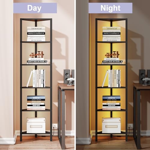 TUTOTAK Corner Shelf with LED Light 6-Tier Black BS05BK006L