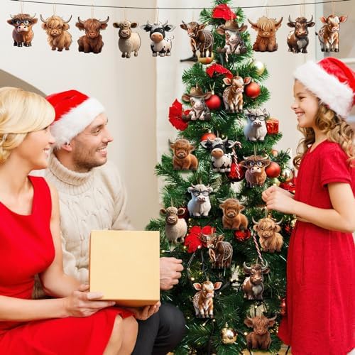 Wenqik 36 Pcs Wooden Highland Cow Christmas Decorations