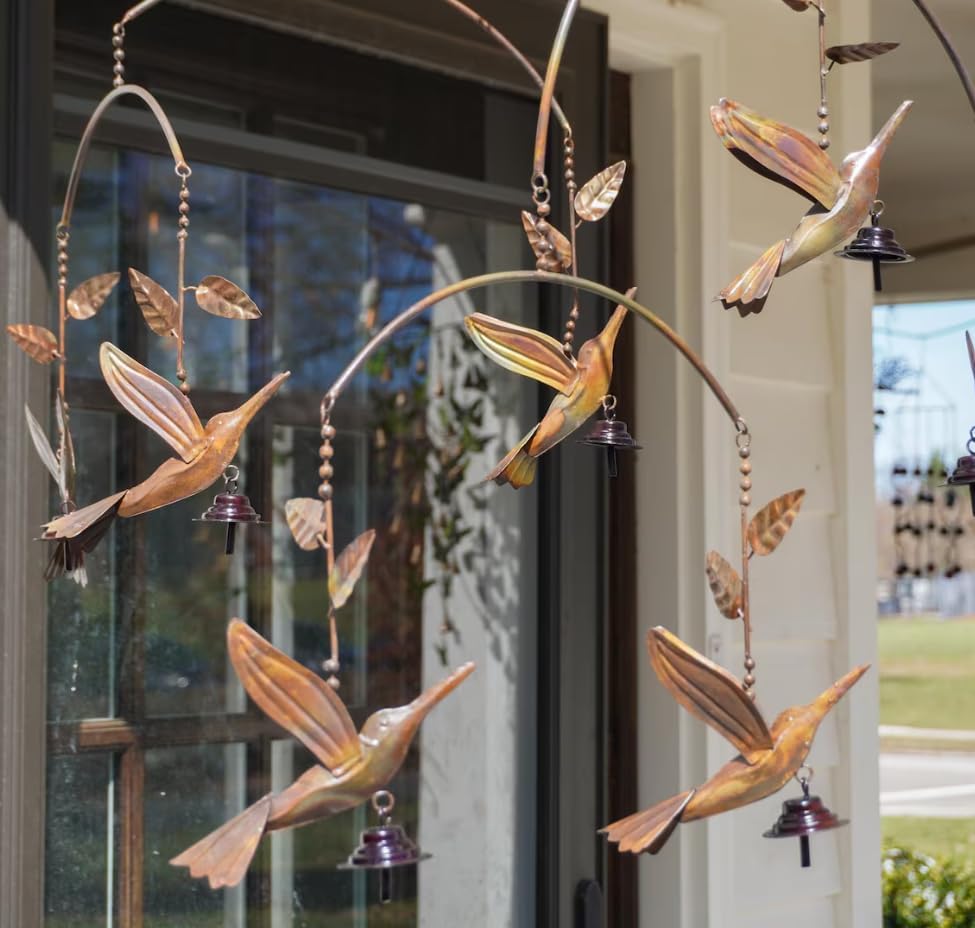 Metal Hummingbird Garden Mobile with Bells - Handcrafted Wind Chime Decor
