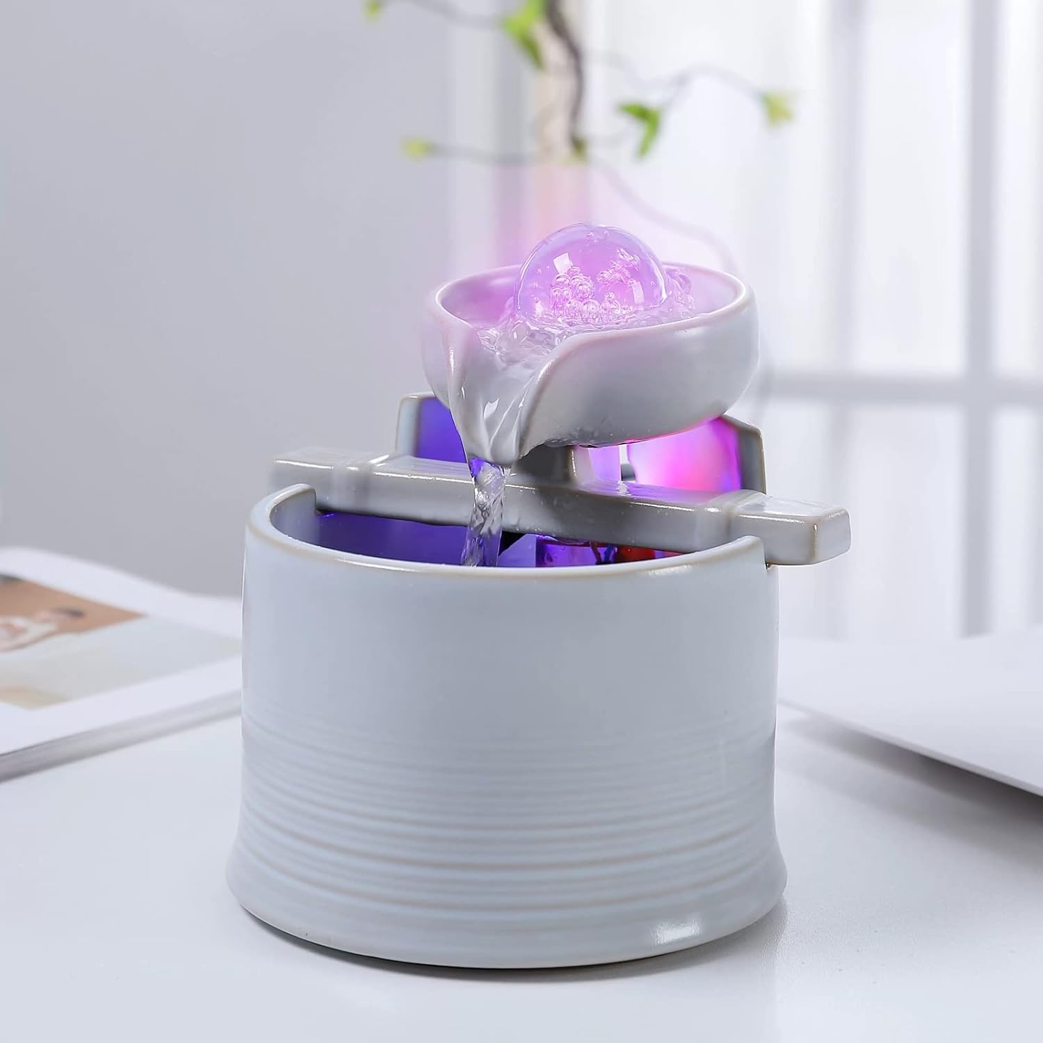 Modern Indoor Ceramic Water Fountain with Lights and Pump