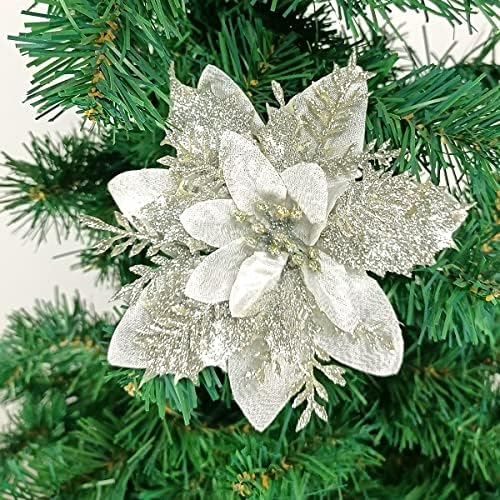 Pack of 12 Silver 5 Inch Glitter Flower Christmas Hanging Ornaments