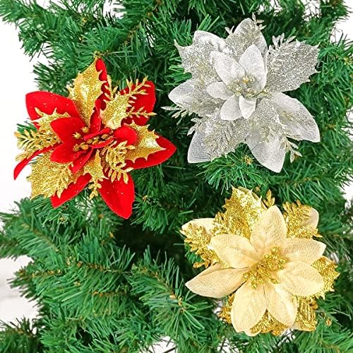 Pack of 12 Silver 5 Inch Glitter Flower Christmas Hanging Ornaments