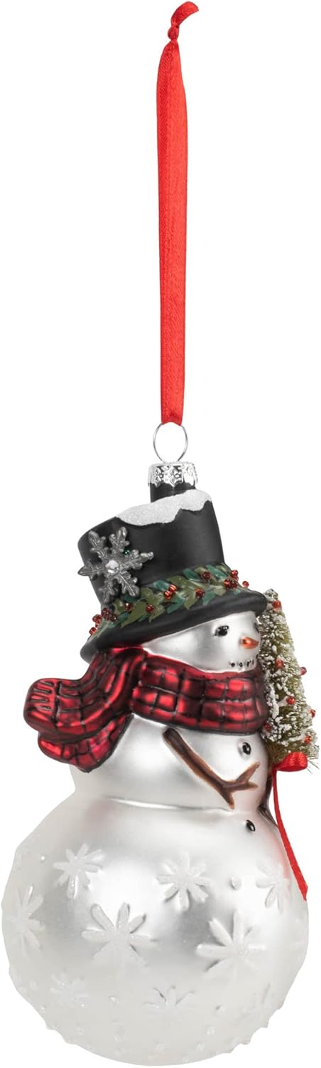Classic White Snowman with Red Scarf Blown Glass Ornament