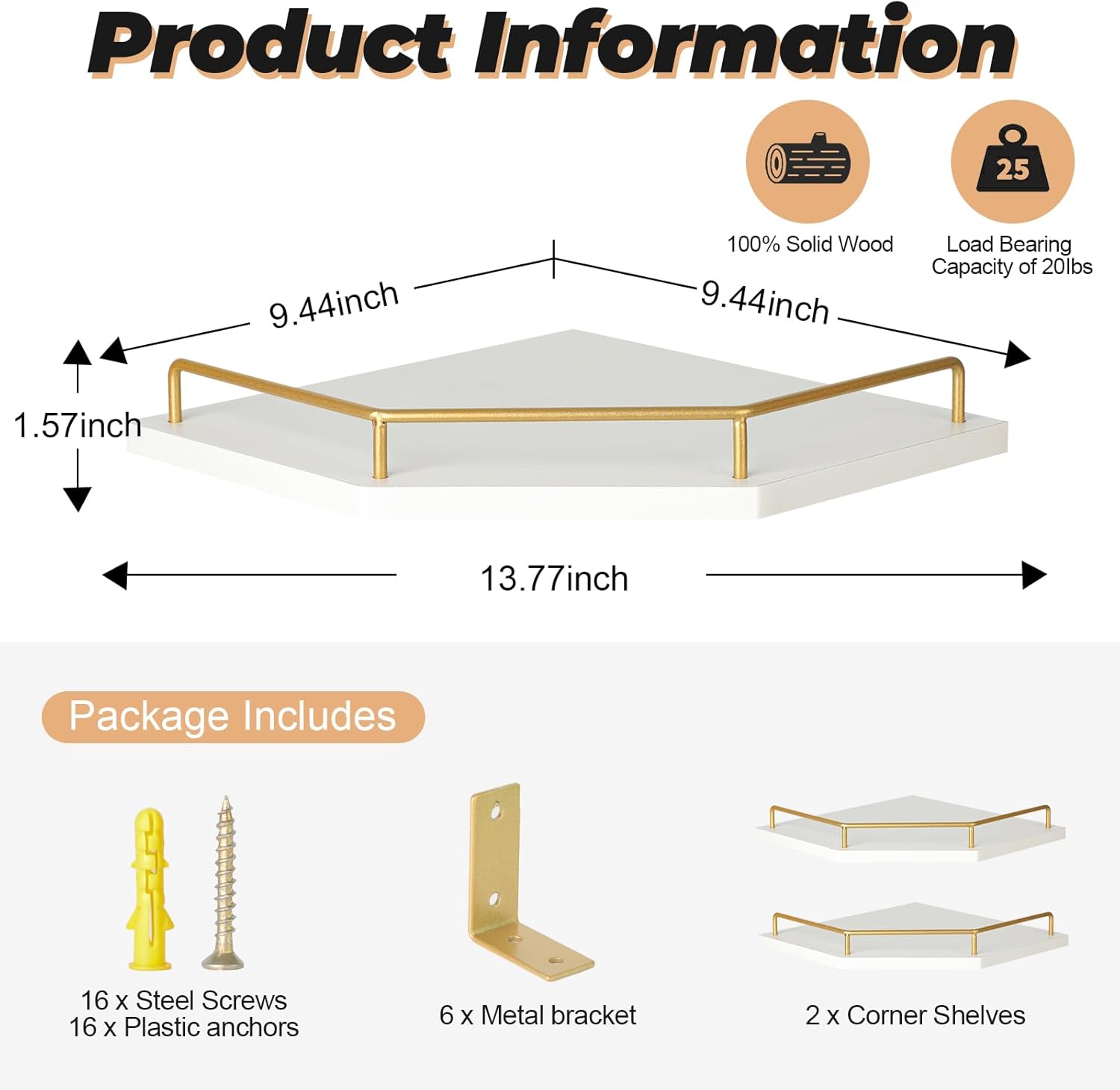 Tirzah White Wall Mount Corner Shelf with Gold Metal Guardrail