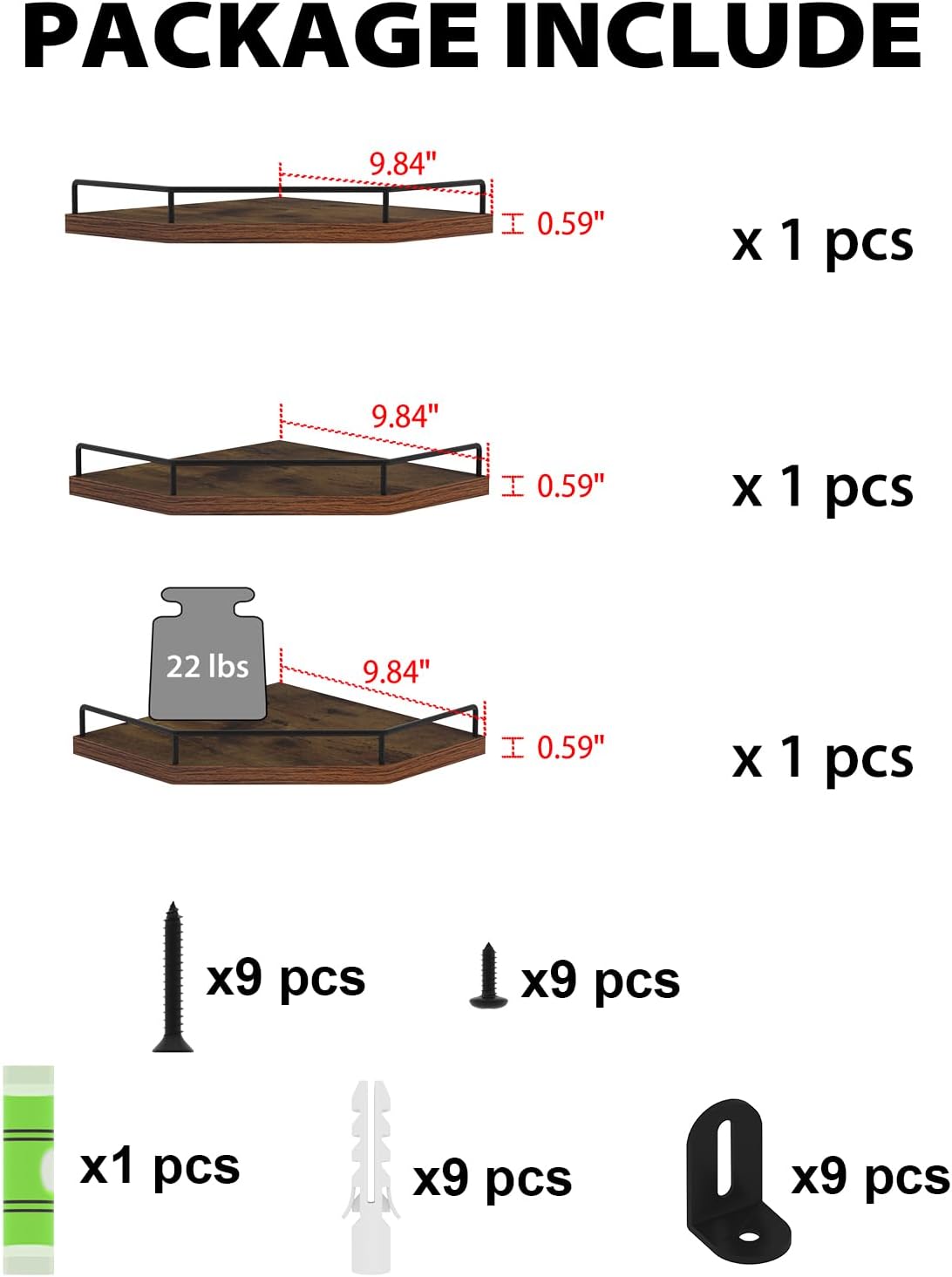 HORLIMER 3 Pack Floating Corner Shelves Wall Mount Brown