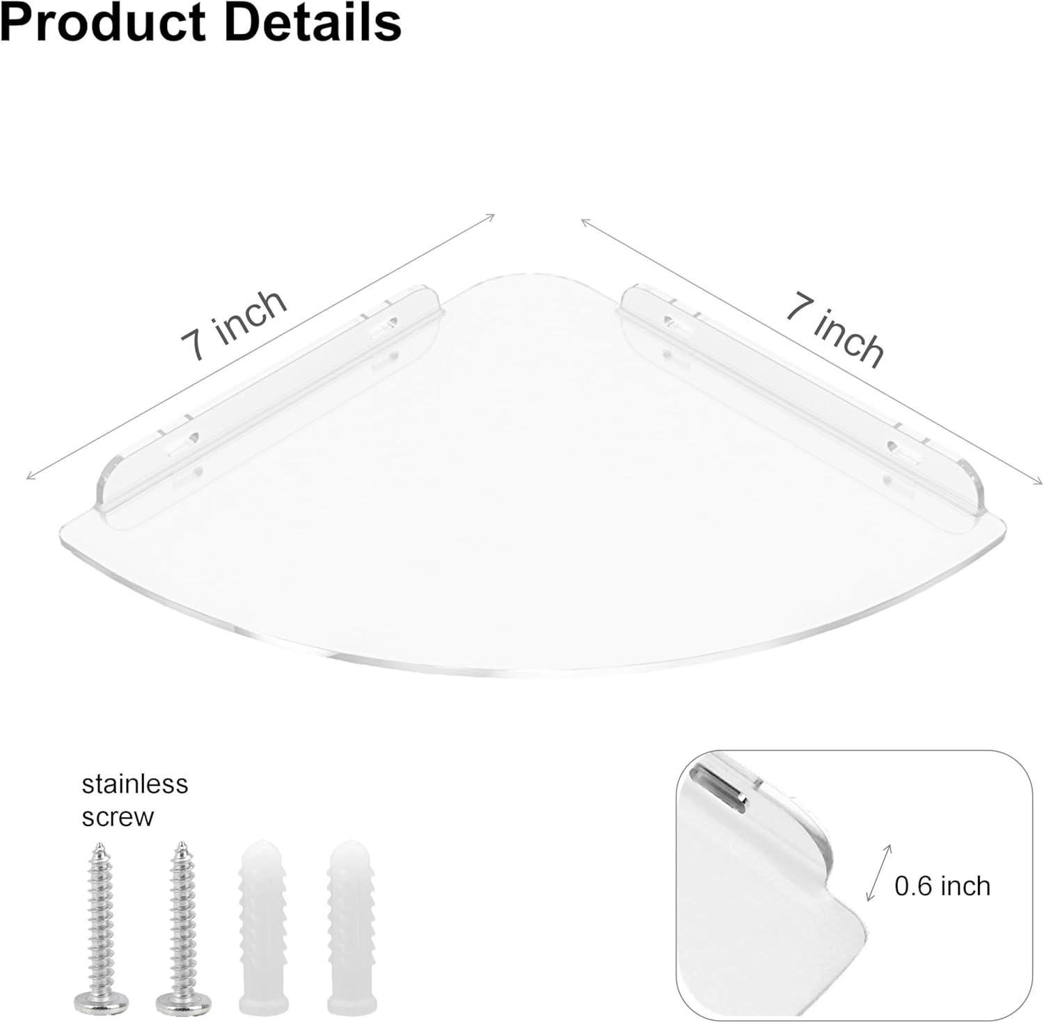 Acrylic Corner Floating Shelf 7 Inch Waterproof Wall Mount Organizer