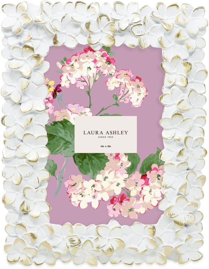 Laura Ashley 4x6 White Gold Flower Resin Picture Frame with Easel and Hook