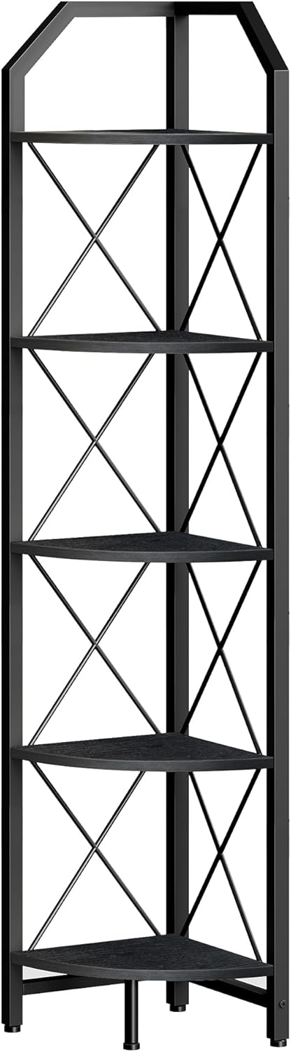5-Tier Corner Shelf with Metal Frame Black