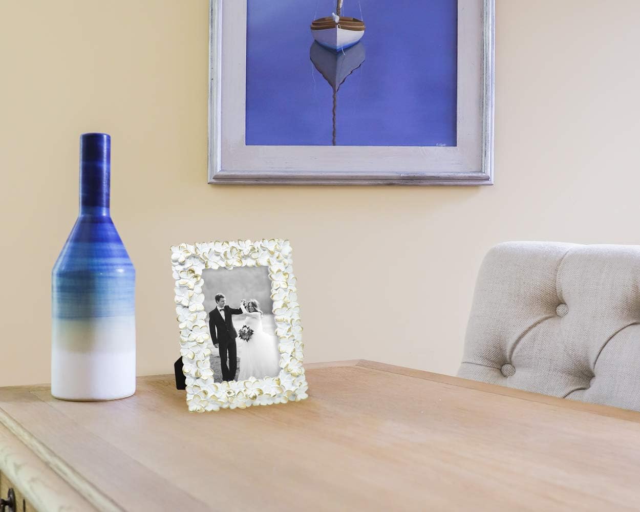 Laura Ashley 4x6 White Gold Flower Resin Picture Frame with Easel and Hook