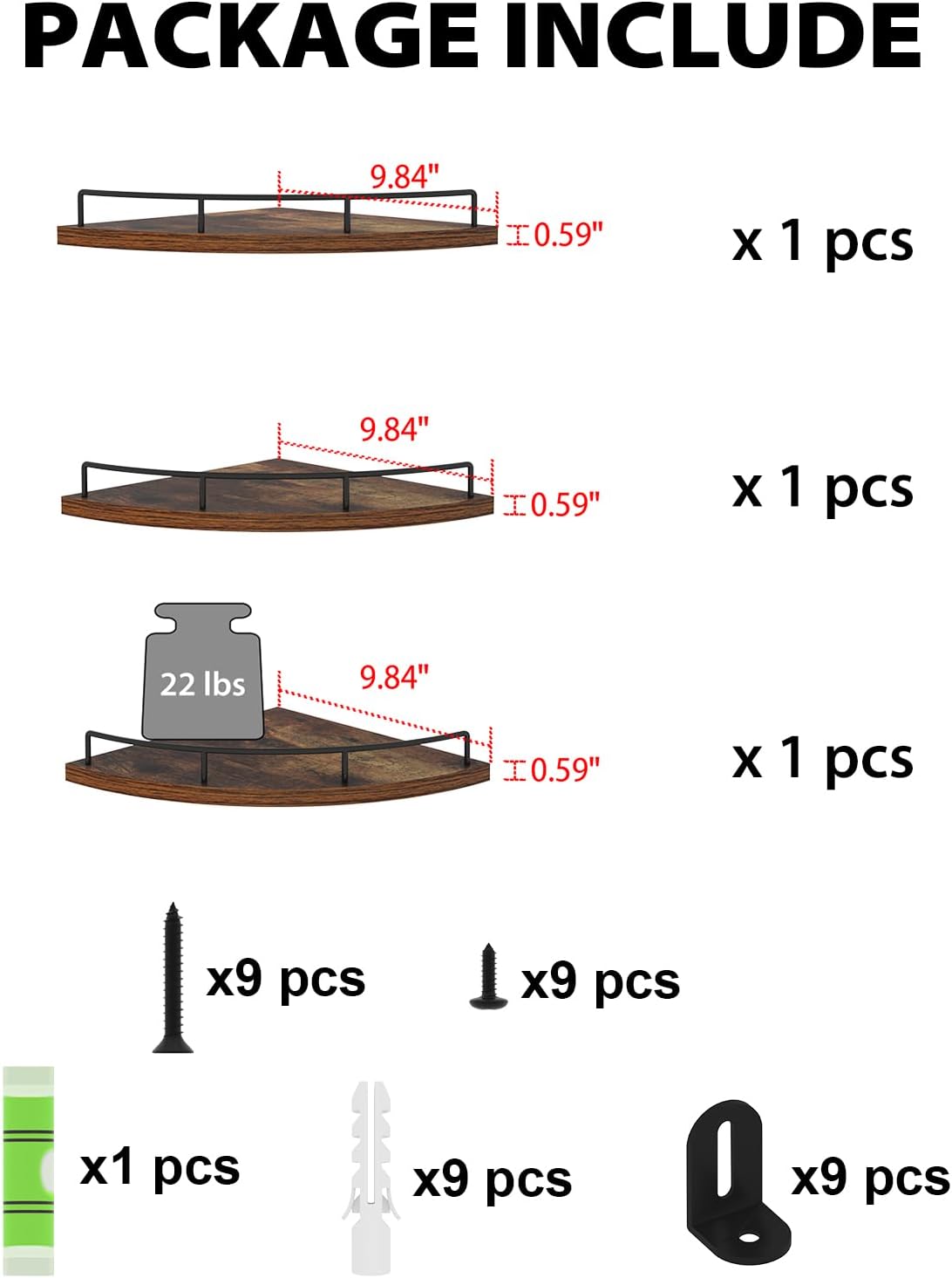 HORLIMER 3-Pack Brown Floating Corner Shelf Set