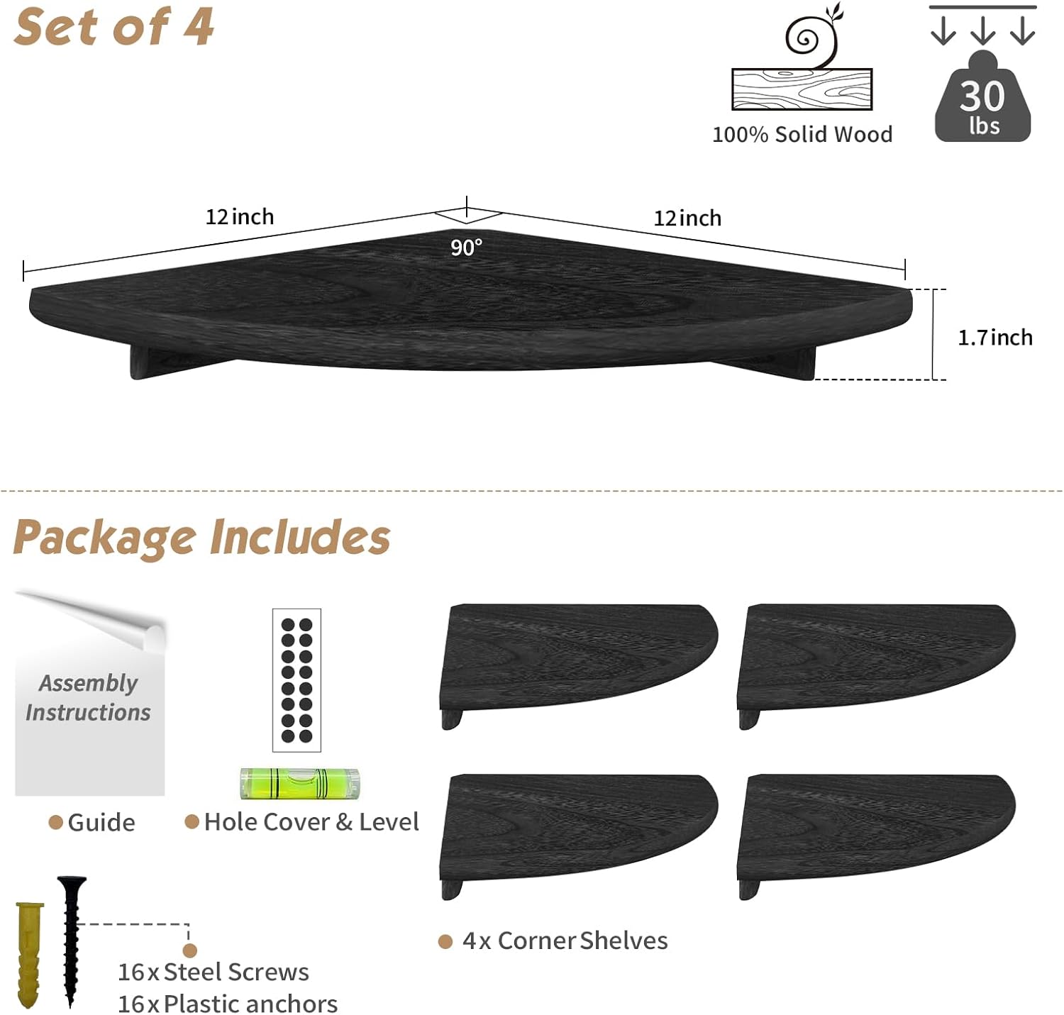 Forbena Black Floating Corner Bookshelf Set of 4