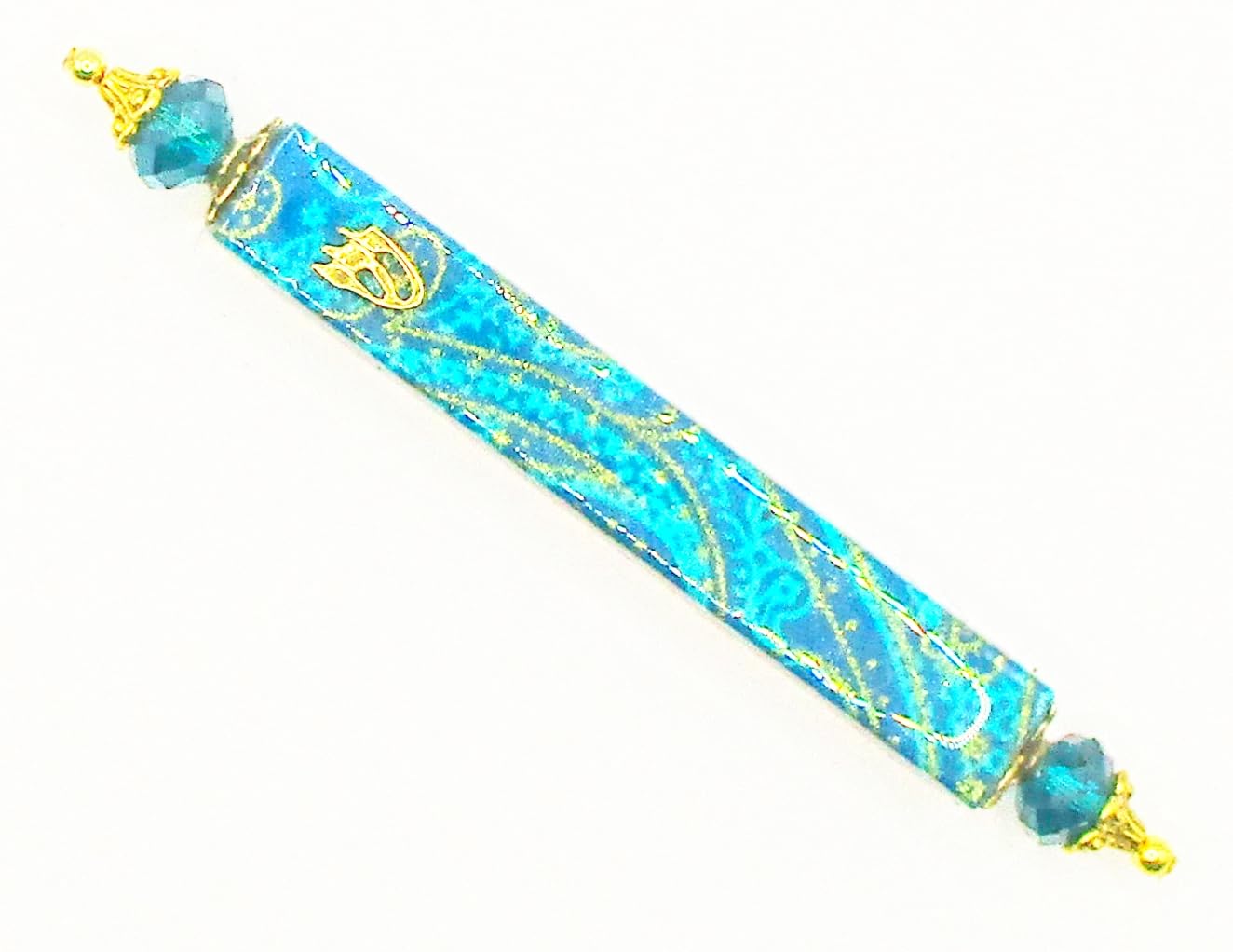 Handmade Mezuzah with Aqua Blue and Purple Paisley Design